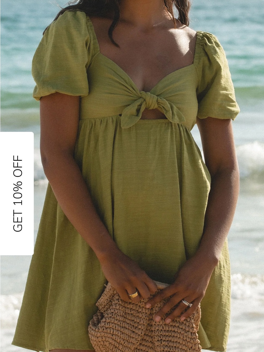 Green Puff Sleeve Tie-Front Dress